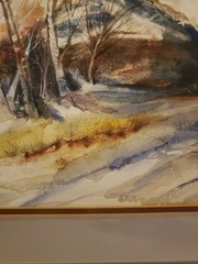 Original Lori Fischman (1927-2017) „Snowy Hills“ Watercolor, Framed, Berks Co PA