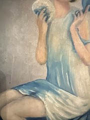 Art Deco Painting Of A Flapper Female Powdering Her Face. Oil On Canvas