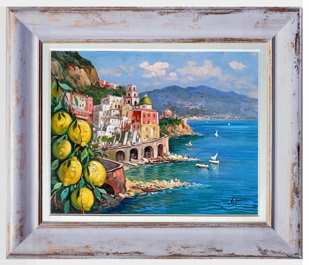 ATRANI PAINTING FRAMED BLUE SEA LEMONS by SOMMA ITALY WALL DECOR AMALFI COAST