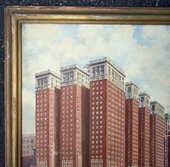 1930’s Signed J Weyers Oil On Board Of A Cityscape W/Hotel & Cars