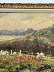 IMPRESSIONISM PANTING SWANS AT STANPIT LANDSCAPE 16 INCHES SIGNED YVONNE