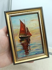 Sailboat Sunset Original Oil Painting 6×4 Framed Signed Sea Landscape Yacht Art