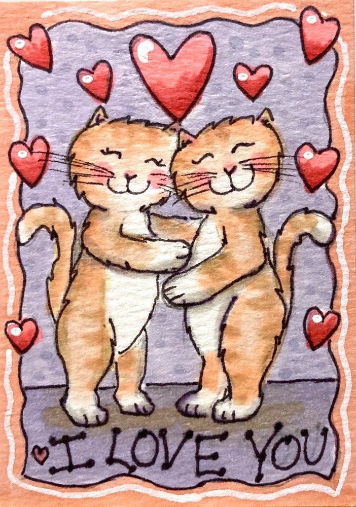 I Love You Cats Hearts Original ACEO Alcohol Ink Illustration Painting amylenore