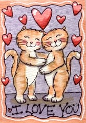 I Love You Cats Hearts Original ACEO Alcohol Ink Illustration Painting amylenore