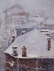 Original Oil on wood panel painting „Snow from my window“, 30cmx40cm,Signed