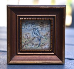 Miniature Mix-Media Painting Blue Bird on A Cherry Blossom Signed/Framed