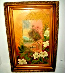 Victorian Mise en Abyme Oil Painting Landscape Floral Gilt Gesso Aesthetic RARE
