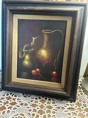 Vtg Framed Original Oil Painting Pear Cherries Copper Pitcher Velvet Liner