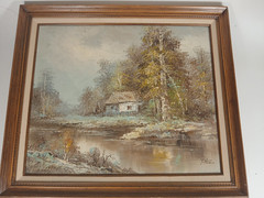 T. Azeen Signed original Oil On Canvas Framed 30″x27″ landscape house on stream