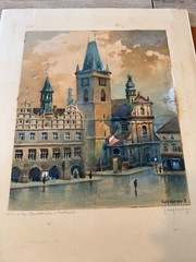 Antique 1918 Rolf Werner Signed Watercolor Painting Old Town Square Prague