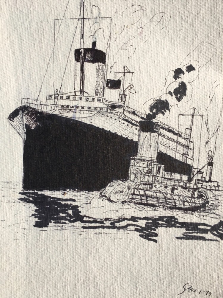 A cruise ship with a tug boat . Original ink drawing
