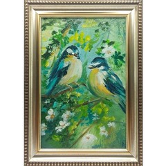 Little Birds on Branch Original Oil Painting Wildlife Nature Miniature Art 4×6