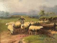 Oil Painting on Wood: Rustic Sheep Herding Scene with new Frame | Mid-20th Cent