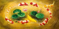 Fishes in the Pond, #BJF2 – 24×48,100% Hand Painted Oil Painting on Canvas