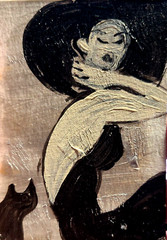 ORIGINAL ACEO PAINTING Woman Cat Black Kitten Miniature Card By Carole Collins