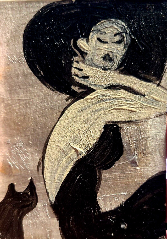 ORIGINAL ACEO PAINTING Woman Cat Black Kitten Miniature Card By Carole Collins