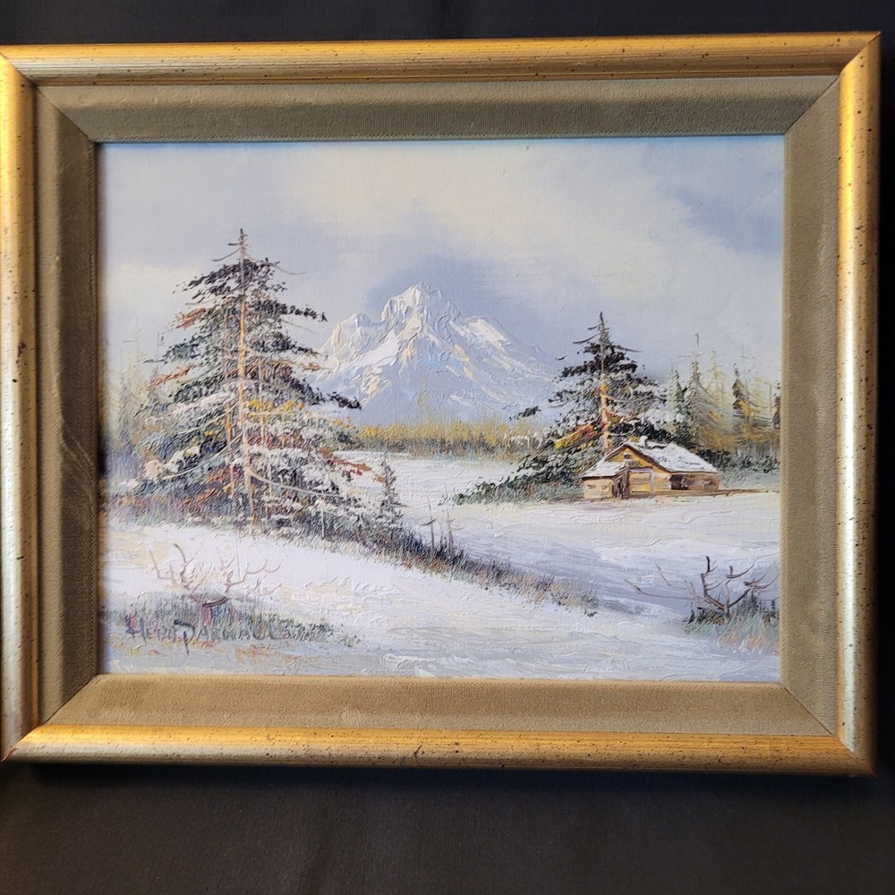HERB PARNALL SIGNED SNOW CAP MT WINTER SCENE FRAMED PICTURE 11.75 IN X 9.5 IN