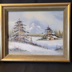 HERB PARNALL SIGNED SNOW CAP MT WINTER SCENE FRAMED PICTURE 11.75 IN X 9.5 IN