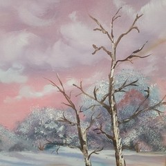 Serene winter landscape with snow-covered trees and a frozen lake 16″20″ Signed