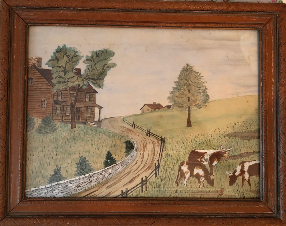 Vintage Original Folk Art Rural Farm Watercolor Landscape Painting 16×20”
