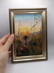 Original Miniature Oil Painting Dandelion Meadow Sunset Framed Floral Small Art