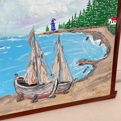 Amateur Artist Framed Painting on Wood 2016 Sailboats in Cove with Lighthouse