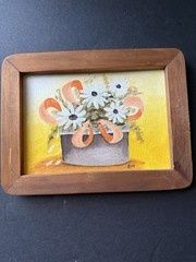 Vintage Original Oil On Canvas Signed Still Life Framed Flowers Wood Frame Retro