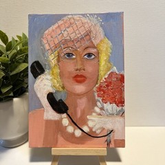 Abstract Girl on Phone Original Acrylic Painting on 5″ x 7″ Canvas Panel OOAK