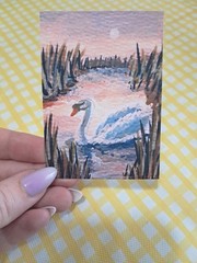 PRINT ACEO Swan Twilight Lake Moon Painting 2.5×3.5 | Heartandhorizonart
