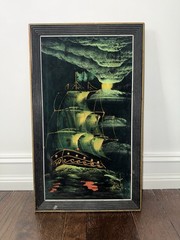 VINTAGE VELVET OIL PAINTING OF MOONLIT SHIP Signed OOAK