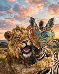 new handmade Painting on 12″x 16″canvas Lion and Zebra Friendship by Wendy