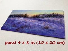 Original Miniature Oil Painting Winter Evening Snow Landscape 4×8 Signed