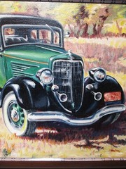 Original Oil Painting of a 1934 Ford 4 Door Sedan, Signed