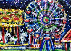 ORIGINAL ACEO Painting CARNIVAL Fair Amusement Park Fireworks Rides Fun ATC ART