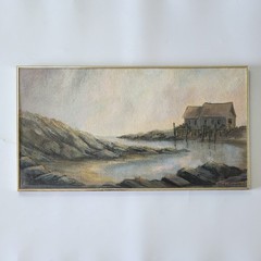 Vintage MCM Coastal Seascape Oil Painting Masonite New England Fishing Shack 60s