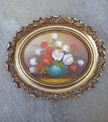 8 x 10 framed vintage oil painting of flowers in vase/total size 11 x 13