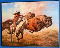 Troy Denton Artist Print on Board Native American Buffalo Hunt With Bow 25 x20cm