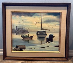 Hamaguchi 1965 Original Oil Winter Harbor Seascape Signed Funaoka Canvas Japan