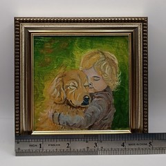 Tender Hugs Child with Dog Original Oil Painting Signed Framed 4×4 inches