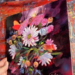 Original floral Painting flower Still Life art surreal Insects ladybugs garden