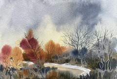 5X7 Original Pamela Wilhelm Autumn Landscape Watercolor The fork in the road￼