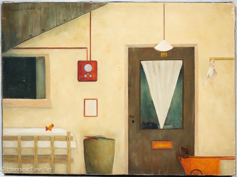 Vintage Francoise Gerard Oil Painting Surrealist French Store Front 12×16″