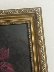 VINTAGE YOUNG WOMEN W/FLOWERS ART PRINT GOLDEN FRAME ON CARDBOURED SIGNED