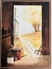 Country Road View From A Barn Watercolor 17” x 13” Farm Core By R. Sweede