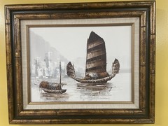 P. Wong Oil On Canvas Junk Fishing Boats In Water Chinese Signed Framed