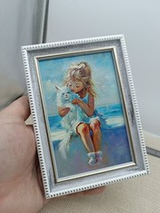 Girl White Cat Original Oil Painting 4×6 Framed Signed Cute Kitten Beach Art