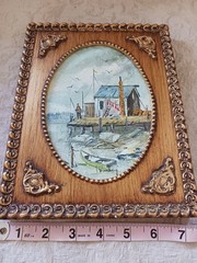 Original Painting Ocean Pier w Boats Fisherman Painted Gold Frame Strandberg Sea