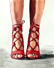 Laced Up In Red original watercolor painting direct from artist, feet shoes sexy