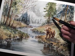 BEAR GRIZZLY Animal WILDLIFE Foggy FOREST Original Art Painting Landscape GiftA4