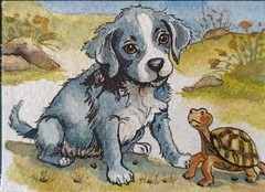 ACEO Original Watercolor „Curious Encounter“. Dog/Tortoise Art Card. OOAK.Signed